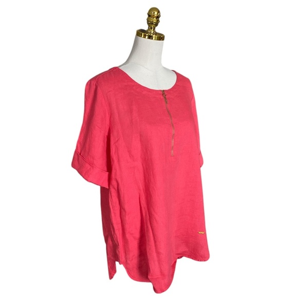 ELLEN TRACY 100% Linen Roll Tab 1/4 Zip Relaxed Tunic Blouse Size L Lagenlook - Picture 2 of 6